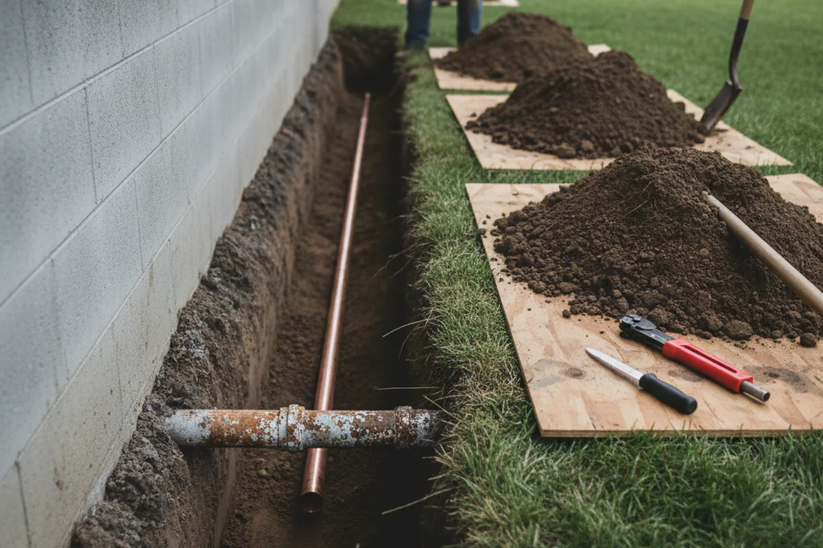 Excavated water line trench during Water Heater Repair in River
